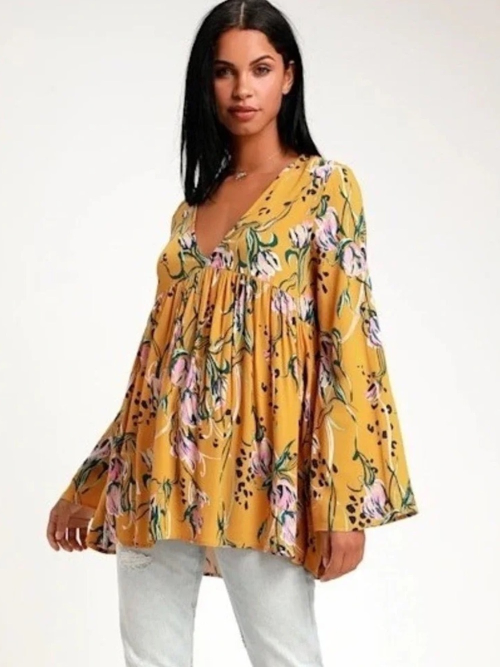 Free People Bella Golden Floral Babydoll Tunic Top 100% Rayon Yellow & Pink